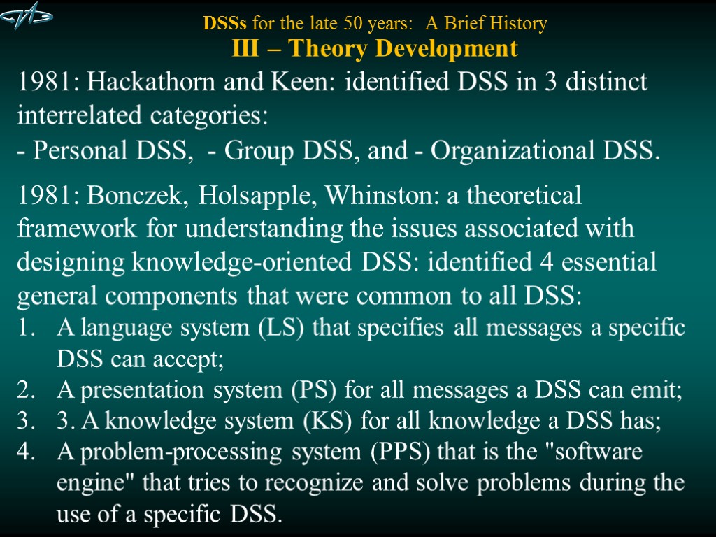 DSSs for the late 50 years: A Brief History III – Theory Development 1981: